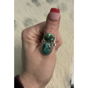 Sterling Silver Blue Hubei Turquoise Double Stone Adjustable Ring Sawtooth 925